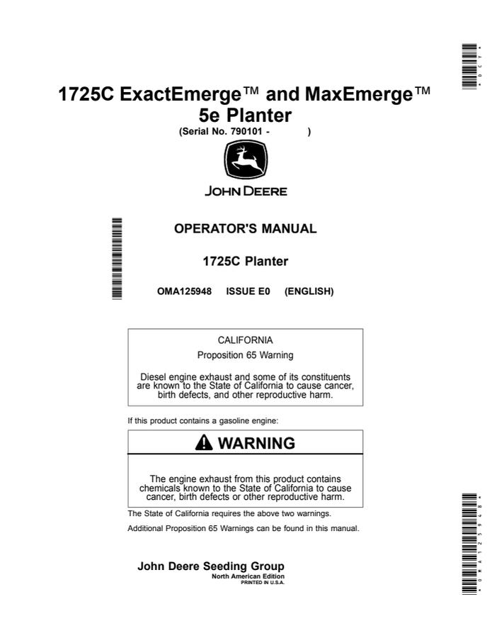 John Deere 1725C ExactEmerge, MaxEmerge 5e Planter Operator manual OMA125948 — actual manual cover