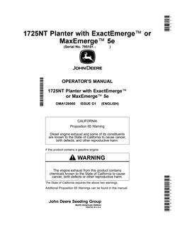 John Deere 1725NT ExactEmerge, 1725NT MaxEmerge 5e Planter Operator manual OMA129560 — actual manual cover