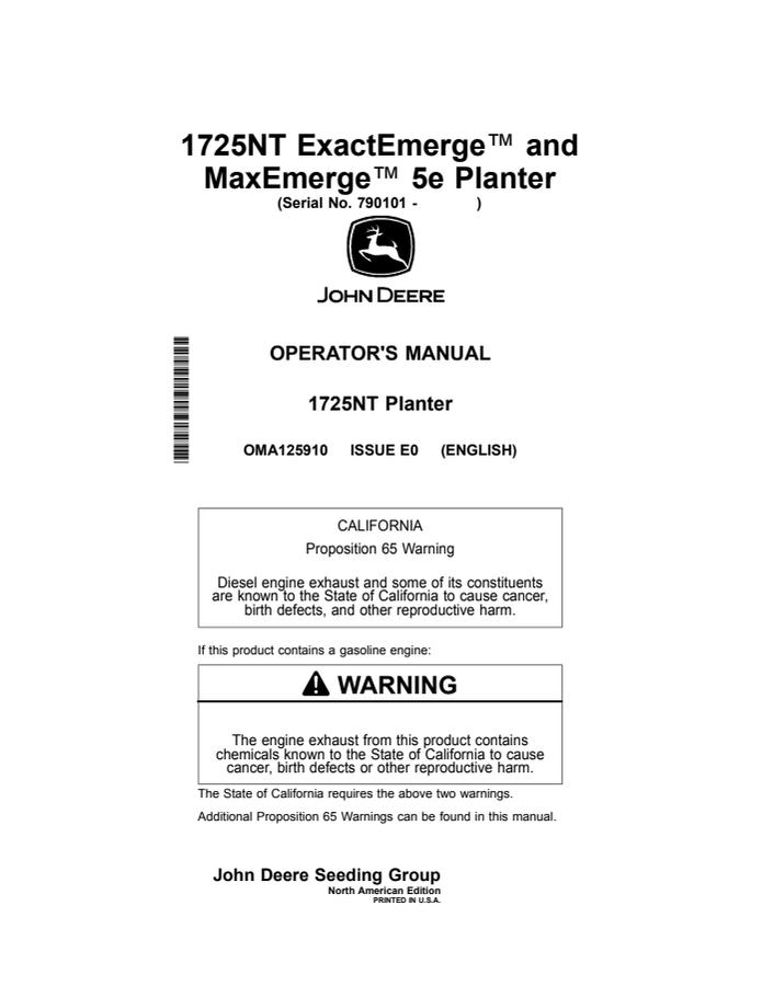 John Deere 1725NT ExactEmerge and MaxEmerge 5e Planter Operator's manual OMA125910 — actual manual cover