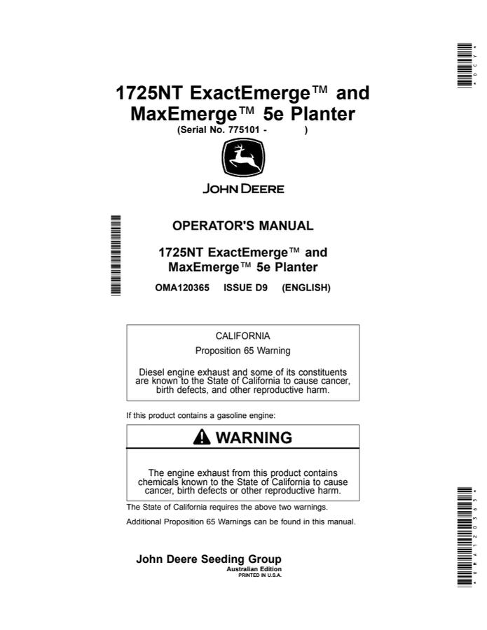 John Deere 1725NT ExactEmerge and MaxEmerge 5e Planter Planter Operator manual OMA120365 — actual manual cover