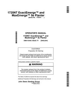 John Deere 1725NT Planter Operator Manual OMA110445 — actual manual cover