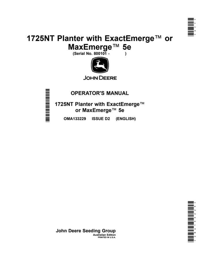 John Deere 1725NT Planter with ExactEmerge or MaxEmerge 5e OMA133229 Planter Operator manual OMA133229 — actual manual cover