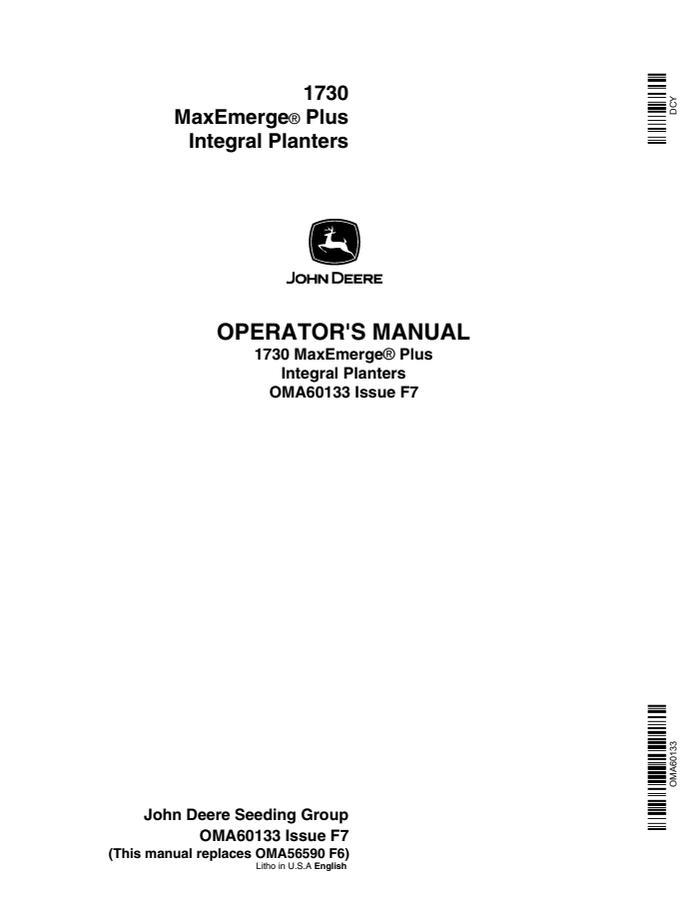John Deere 1730 MaxEmerge Plus Integral Planters Operator manual — actual manual cover