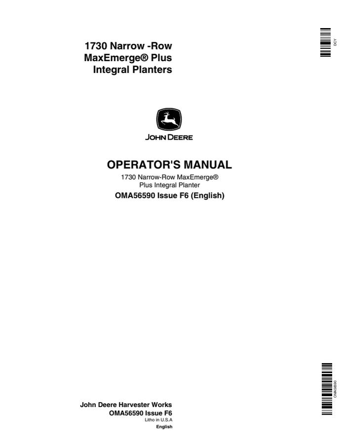 John Deere 1730 Narrow-Row MaxEmerge Plus Integral Planter OMA56590 Planter Operator manual OMA56590 — actual manual cover