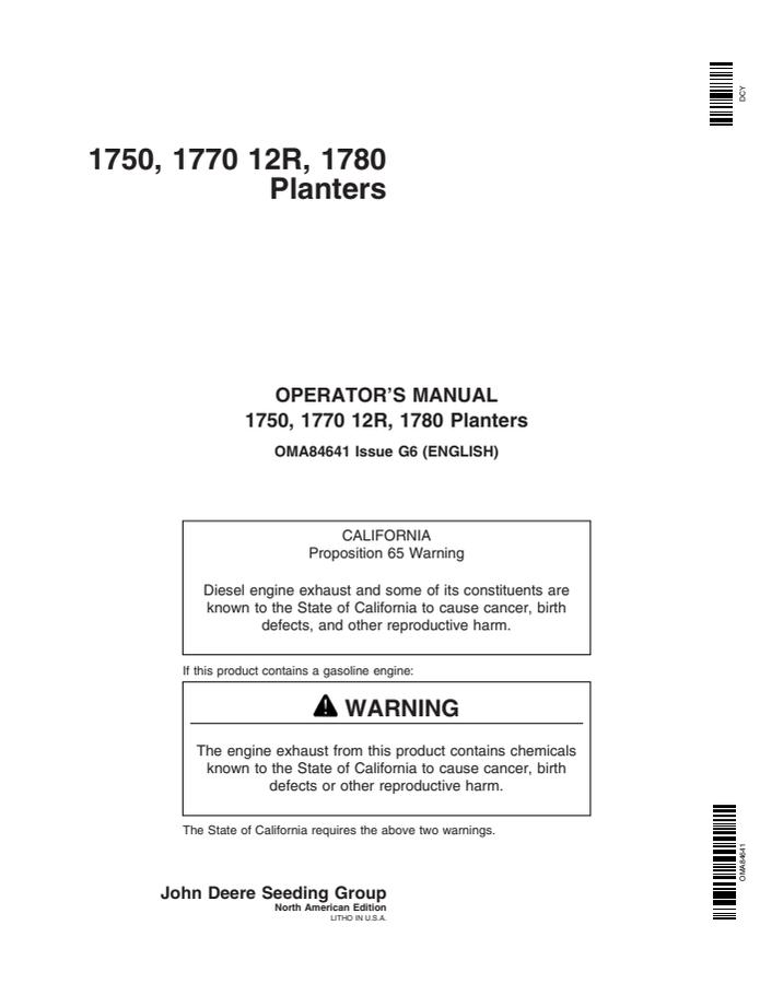 John Deere 1750, 1770 12R, 1780 Planter OMA84641 Planter Operator manual OMA84641 — actual manual cover