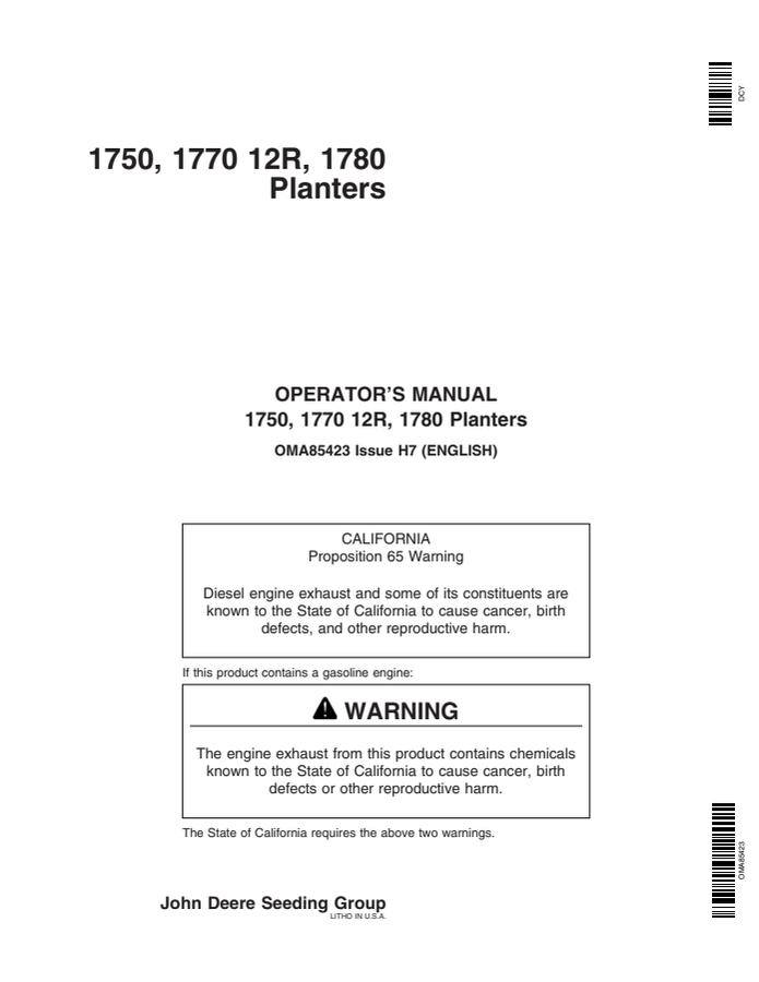John Deere 1750, 1770 12R, 1780 Planter OMA85423 Planter Operator manual OMA85423 — actual manual cover