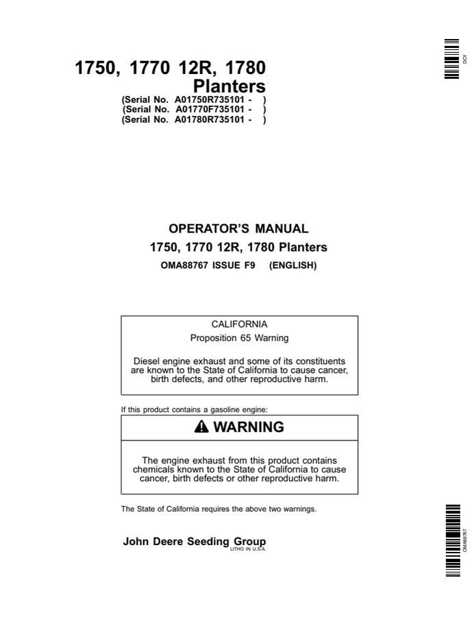 John Deere 1750, 1770 12R, 1780 Planter OMA88767 Planter Operator manual OMA88767 — actual manual cover