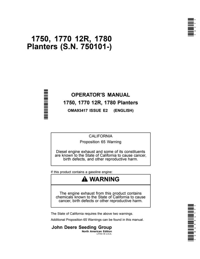 John Deere 1750, 1770 12R, 1780 Planter OMA93417 Planter Operator manual OMA93417 — actual manual cover