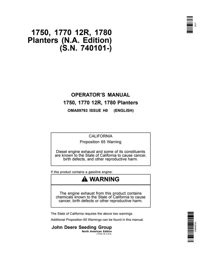 John Deere 1750, 1770 12R, 1780 Planter Operator manual OMA89793 — actual manual cover