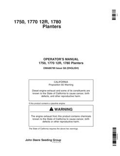 John Deere 1750, 1770 12R, 1780 Planter Operator's manual OMA86789 — actual manual cover