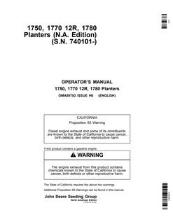 John Deere 1750, 1770 12R, 1780 Planters Operator manual — actual manual cover