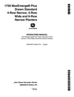 John Deere 1750 MaxEmerge Plus; 4-row narrow, 4-row wide, 6-row narrow Planter Operator manual OMA56572 — actual manual cover