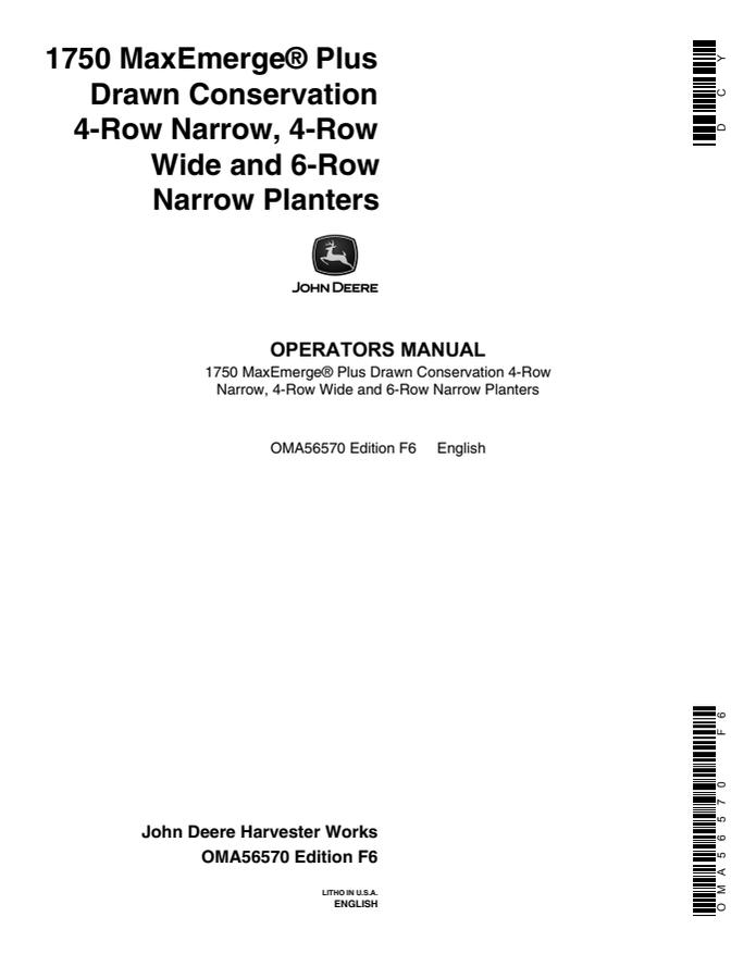 John Deere 1750 MaxEmerge Plus Drawn Conservation Planter Operator manual OMA56570 — actual manual cover