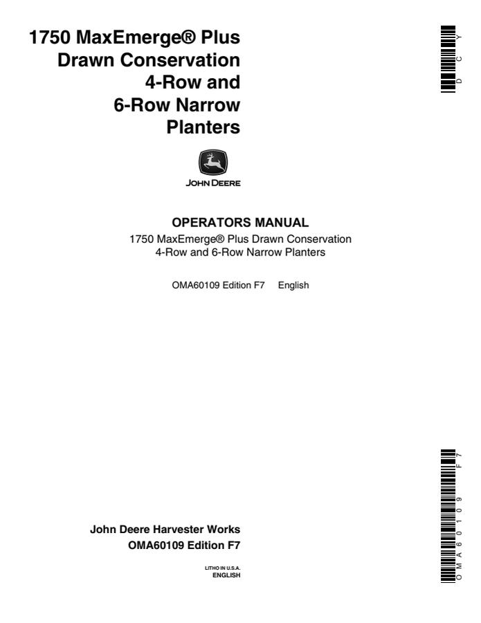 John Deere 1750 MaxEmerge Plus Drawn Conservation Planter Operator manual OMA60109 — actual manual cover