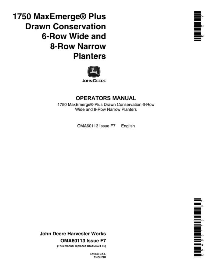 John Deere 1750 MaxEmerge Plus Drawn Conservation Planter Operator manual OMA60113 — actual manual cover