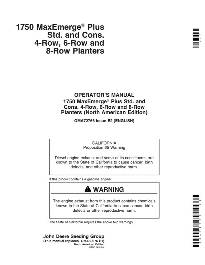John Deere 1750 MaxEmerge Plus Standard and Conservation Planter Operator manual OMA72766 — actual manual cover