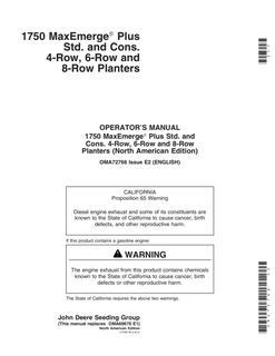 John Deere 1750 MaxEmerge Plus Standard and Conservation Planter Operator manual OMA72766 — actual manual cover