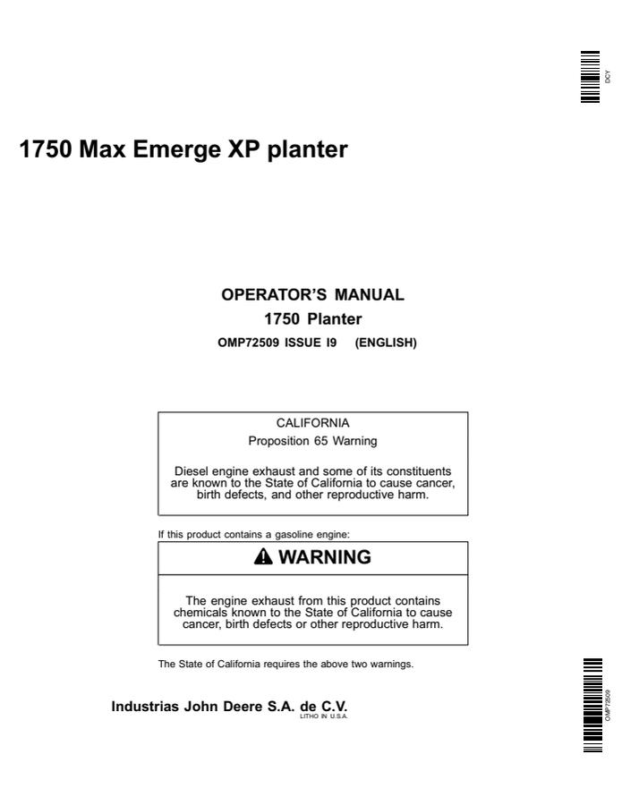 John Deere 1750 MaxEmerge XP Planter OMP72509 Planter Operator manual OMP72509 — actual manual cover