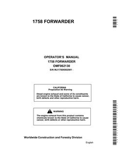 John Deere 1758 Forwarder Forwarder Operator manual OMF062130 — actual manual cover