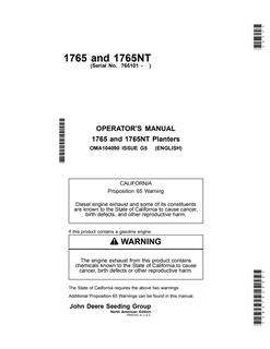 John Deere 1765, 1765NT Planter Planter Operator manual OMA104090 — actual manual cover