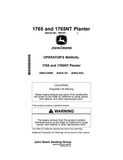 John Deere 1765, 1765NT Planter Planter Operator manual OMA125999 — actual manual cover