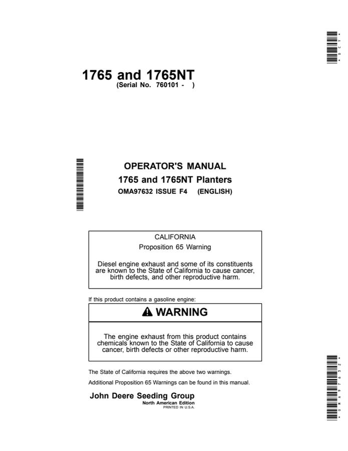 John Deere 1765, 1765NT Planter Planter Operator manual OMA97632 — actual manual cover