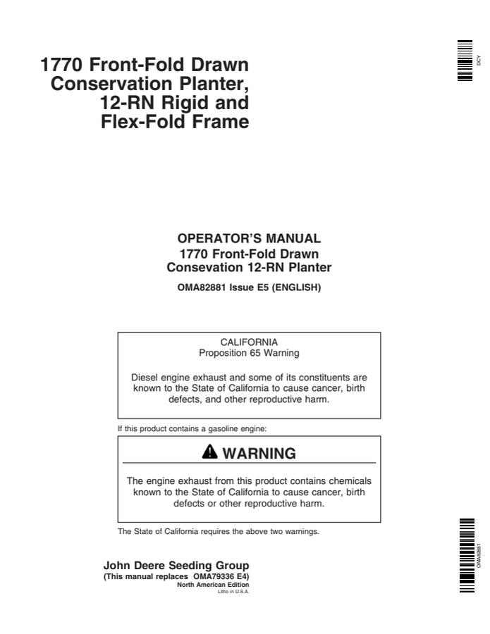 John Deere 1770 Front-Fold Drawn Conservation Planter Operator's Manual — actual manual cover
