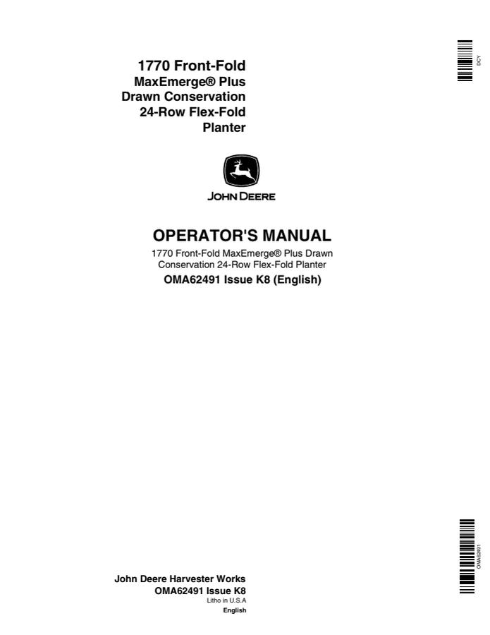 John Deere 1770 Front-Fold MaxEmerge Plus 24-Row Flex-Fold Planter Operator manual — actual manual cover