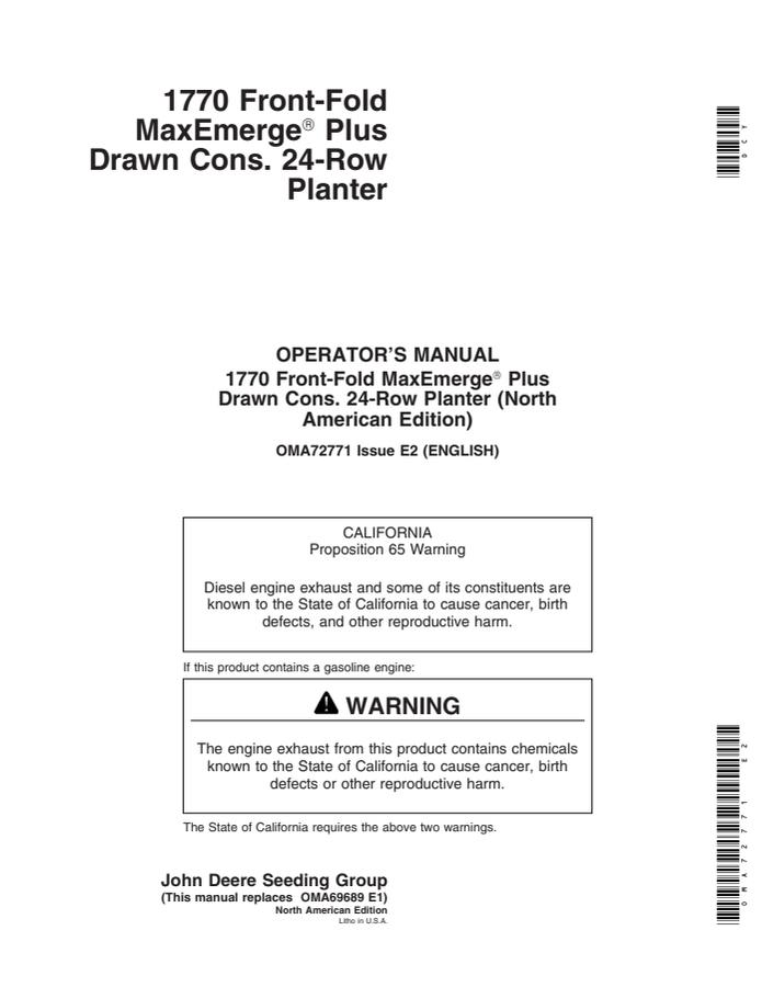 John Deere 1770 Front-Fold MaxEmerge Plus Drawn Cons. 24-Row Planter Planter Operator manual OMA72771 — actual manual cover