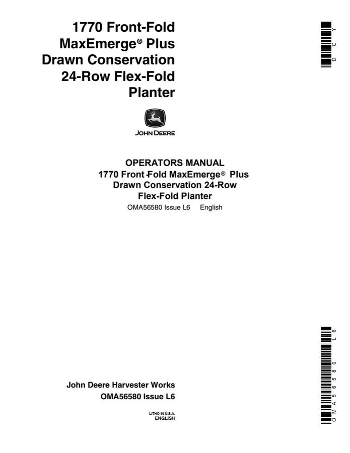 John Deere 1770 Front-Fold MaxEmerge Plus Drawn Conservation 24-Row Flex-Fold Planter Planter Operator manual OMA56580 — actual manual cover