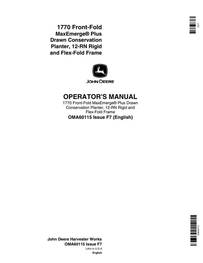 John Deere 1770 Front-Fold MaxEmerge Plus Drawn Conservation Planter Planter Operator manual OMA60115 — actual manual cover