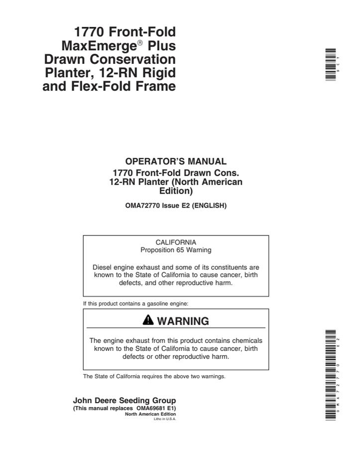 John Deere 1770 Front-Fold MaxEmerge Plus Drawn Conservation Planter Planter Operator manual OMA72770 — actual manual cover