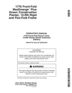 John Deere 1770 Front-Fold MaxEmerge Plus Drawn Conservation Planter Planter Operator manual OMA72770 — actual manual cover