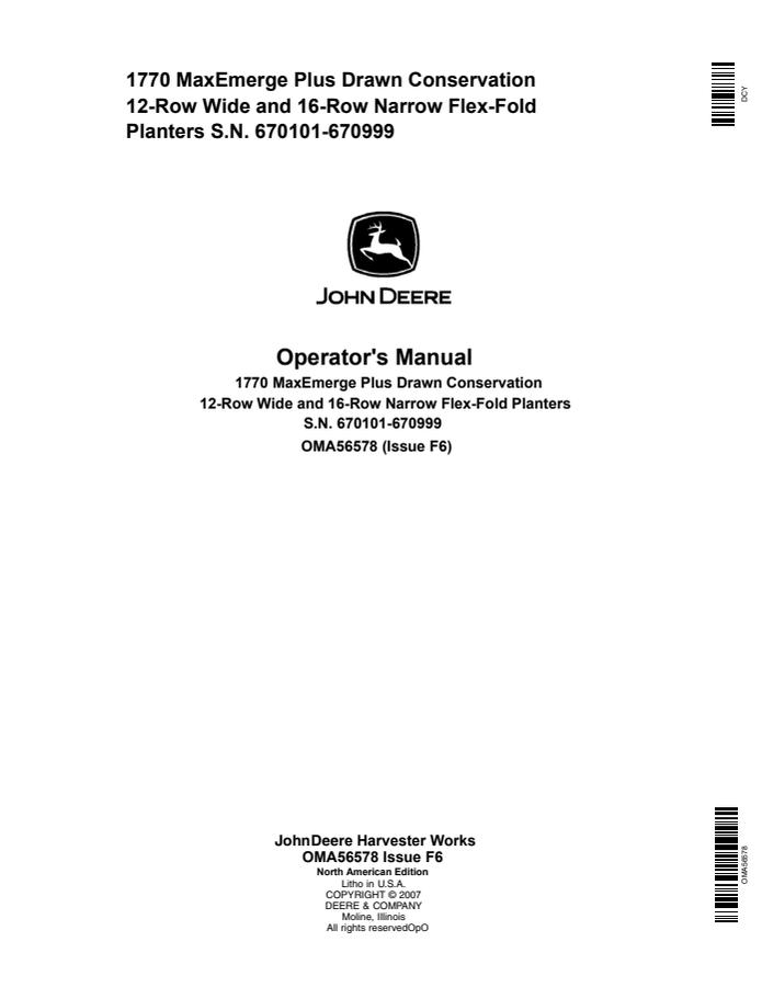 John Deere 1770 MaxEmerge Plus 12-row wide, 16-row narrow Flex-fold planter Operator manual OMA56578 — actual manual cover
