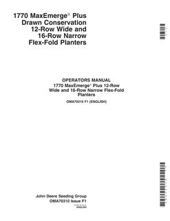 John Deere 1770 MaxEmerge Plus, 12-row wide, 16-row narrow Planter Operators manual OMA70310 — actual manual cover
