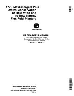 John Deere 1770 MaxEmerge Plus Drawn Conservation 12-Row Wide, 16-Row Narrow Flex-Fold Planters Planter Operator manual OMA60117 — actual manual cover