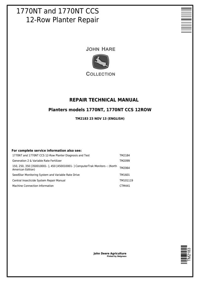 John Deere 1770NT, 1770NT CCS Planter Repair technical manual TM2183 — actual manual cover