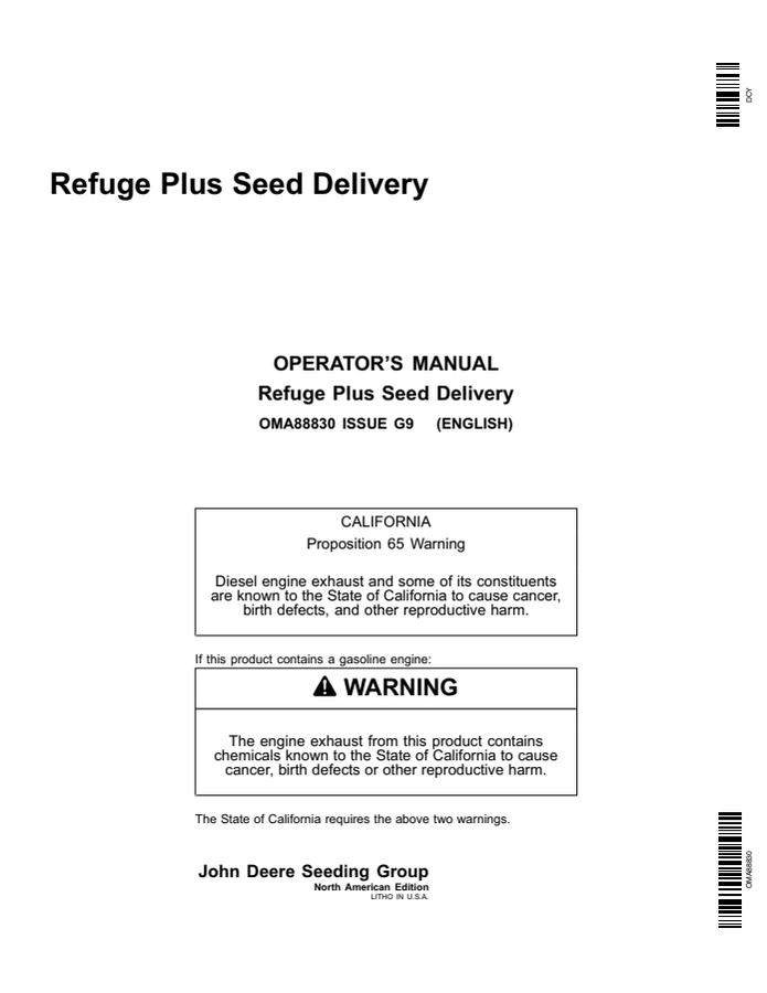 John Deere 1770NT, 1790, DB90 Seed delivery system Operator manual OMA88830 — actual manual cover