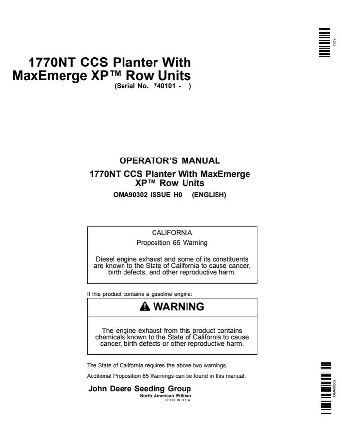 John Deere 1770NT CCS Planter with MaxEmerge XP Row Units Operator's Manual — actual manual cover