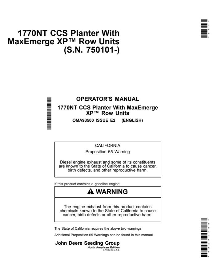 John Deere 1770NT CCS Planter With MaxEmerge XP Row Units Planter Operator manual OMA93500 — actual manual cover