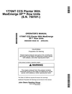 John Deere 1770NT CCS Planter With MaxEmerge XP Row Units Planter Operator manual OMA93500 — actual manual cover