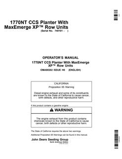 John Deere 1770NT CCS with MaxEmerge XP Row Units Planter Operator's manual OMA90302 — actual manual cover