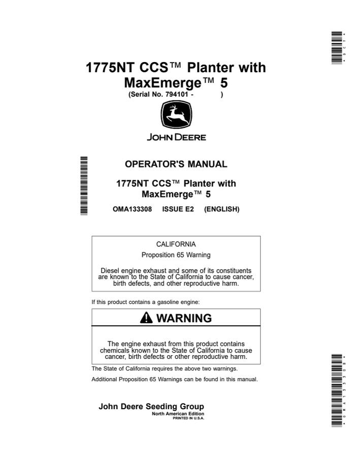 John Deere 1775NT CCS MaxEmerge 5 Planter Operator manual OMA133308 — actual manual cover