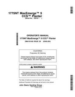 John Deere 1775NT MaxEmerge 5 CCS Planter Operator manual OMA101438 — actual manual cover