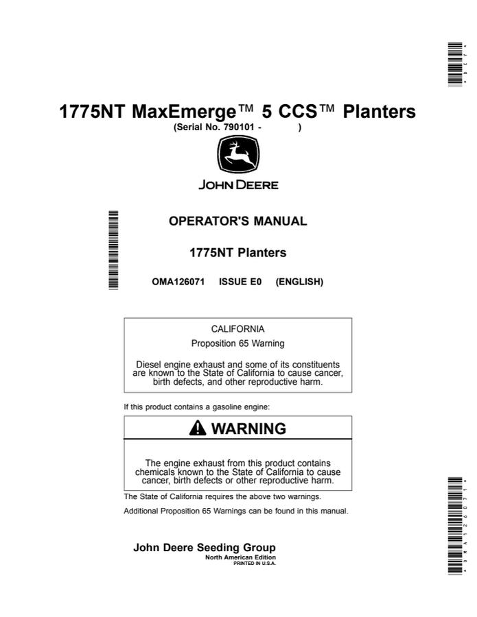 John Deere 1775NT MaxEmerge 5 CCS Planter Operator manual OMA126071 — actual manual cover