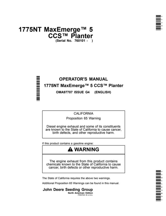 John Deere 1775NT MaxEmerge 5 CCS Planter Operator manual OMA97707 — actual manual cover