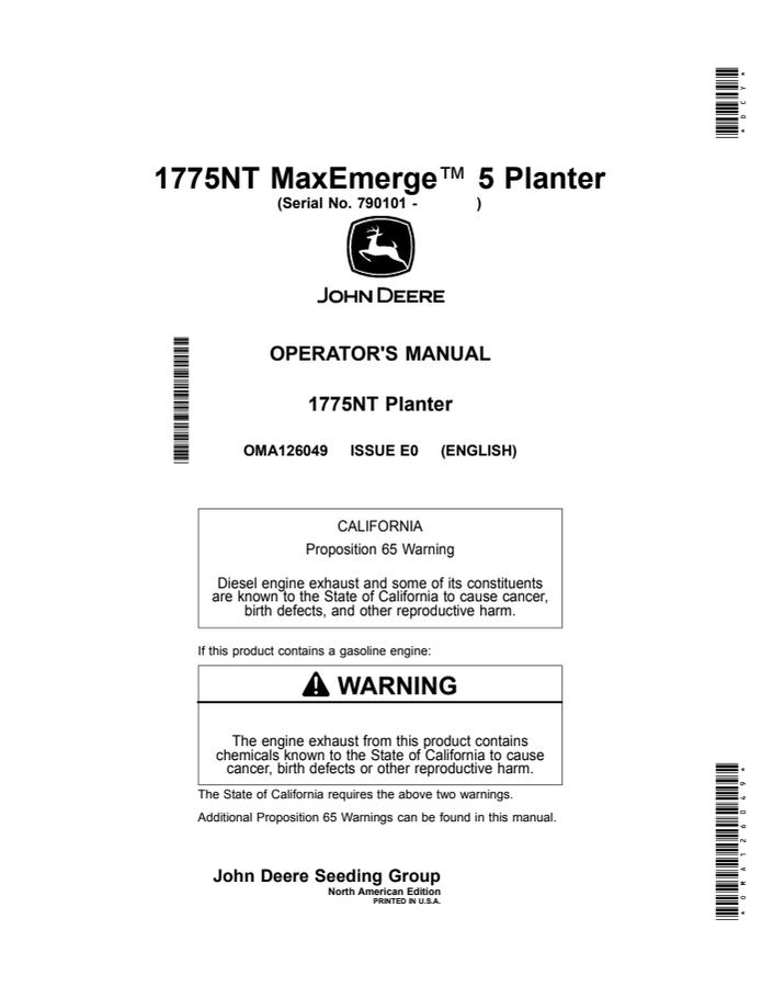John Deere 1775NT MaxEmerge 5 Planter Operator manual OMA126049 — actual manual cover