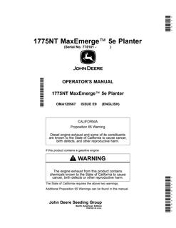 John Deere 1775NT MaxEmerge 5e Planter Operator manual OMA120567 — actual manual cover