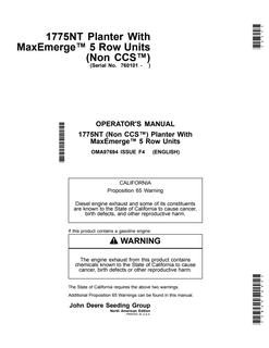 John Deere 1775NT (Non CCS) Planter with MaxEmerge 5 Row Units Planter Operator manual OMA97694 — actual manual cover