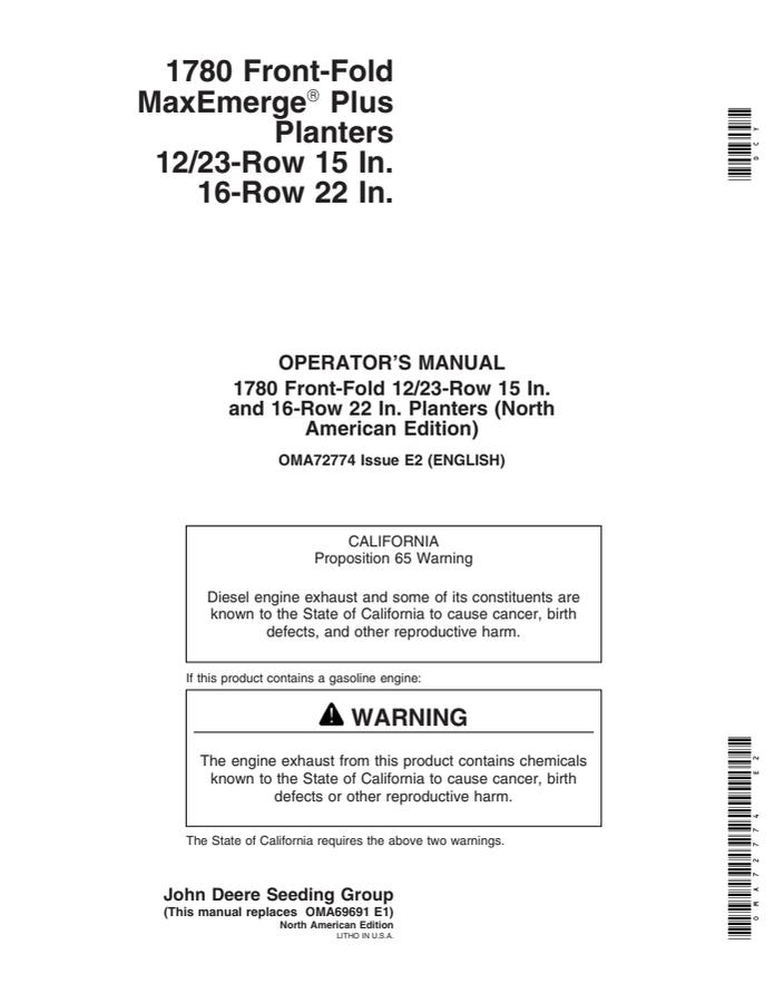 John Deere 1780 Front-Fold MaxEmerge Plus 12/23-row 15-inch, 16-row 22-inch Planter Operator manual OMA72774 — actual manual cover